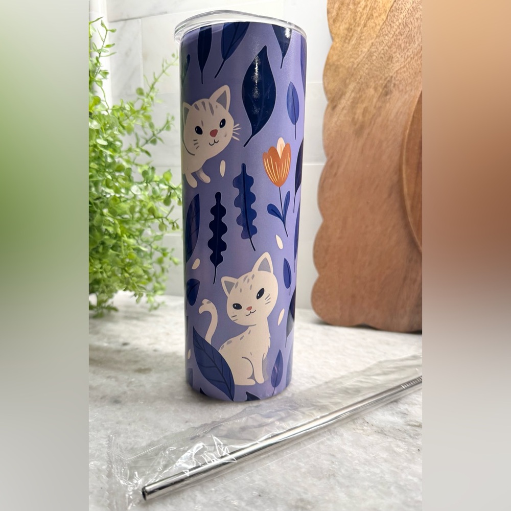 New White Cat w/ Flowers Purple Stainless Steel Metal Travel Cup Tumbler - 20oz - Picture 2 of 9